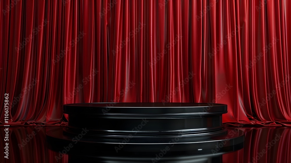 Poster elegant red silk curtains with a black circular stage under soft lighting for a dramatic theater or 