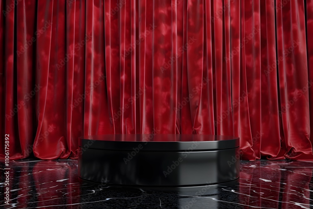 Poster glimmering stage on a black marble floor with elegant red velvet curtains ready for a performance or