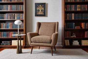 Fototapeta premium Taupe Boucle Armchair and Minimalist Side Table in a Mid-Century Modern Library Decor