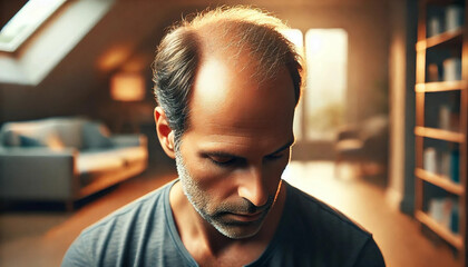 Close-up bald man male indoors, strength and recovery from alopecia. Highlights health care, dermatology, emotional resilience. Hair loss, treatment, and lifestyle changes.