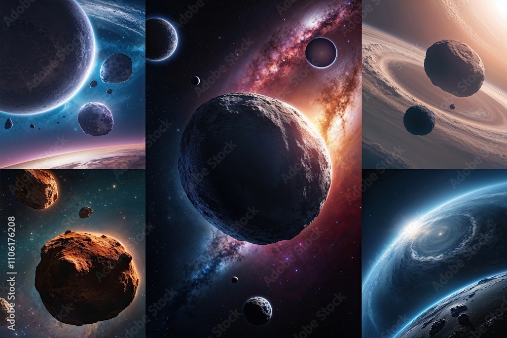 Poster exploring asteroids and comets in the vastness of space