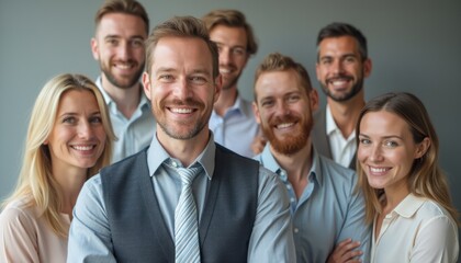 Obraz premium A vibrant group of seven professionals stands together, radiating positivity and camaraderie against a soft gray backdrop. Their genuine smiles and relaxed postures convey a sense of teamwork and