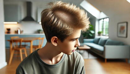 Close-up bald young boy indoors, strength and recovery from alopecia. Highlights health care, dermatology, emotional resilience. Hair loss, treatment, and lifestyle changes.