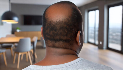 Close-up bald man male indoors, strength and recovery from alopecia. Highlights health care, dermatology, emotional resilience. Hair loss, treatment, and lifestyle changes.