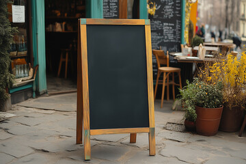 Restaurant menu board mockup. Empty menu blackboard on wooden stand.	
