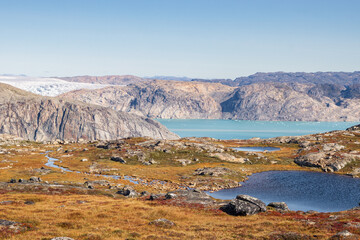 View of Qalerallit fjord and glacier in the south of Greenland