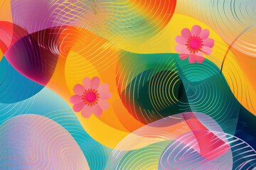 Fictional abstract background with flowers and narrow curved circles for wallpaper.