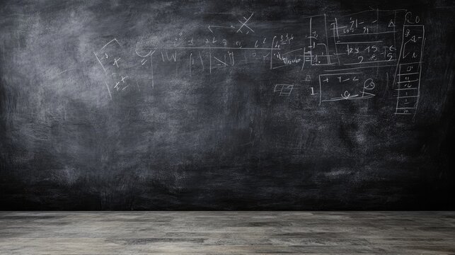 Empty Classroom Chalkboard with Mathematical Equations on Black Slate Background