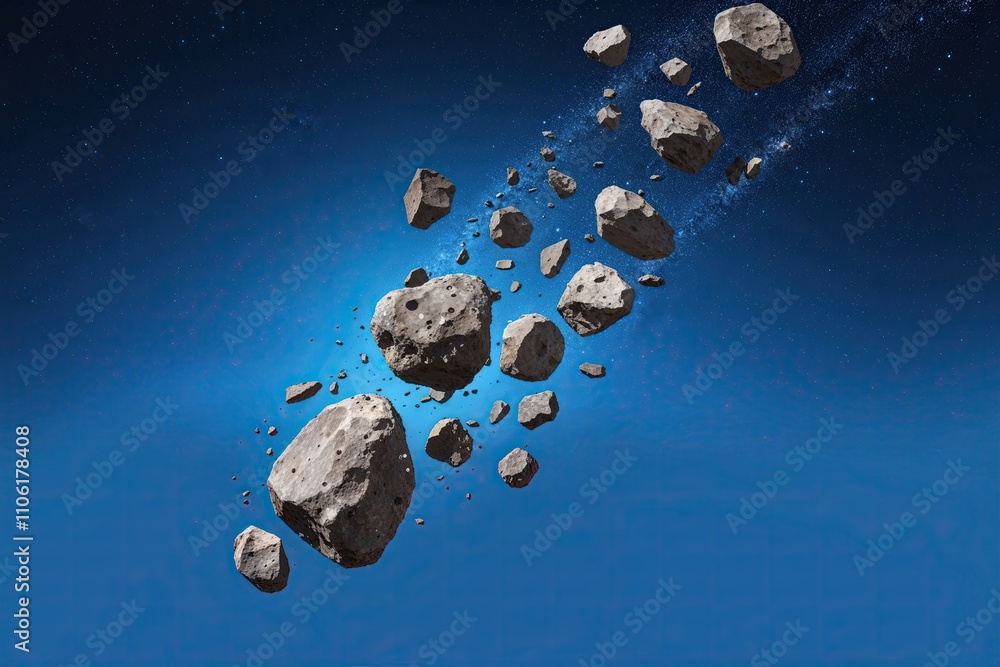 Poster asteroid fragment collection floating in space with blue background