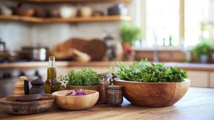 Rustic Kitchen with Fresh Herbs, Spices, and Olive Oil on Wooden Counter