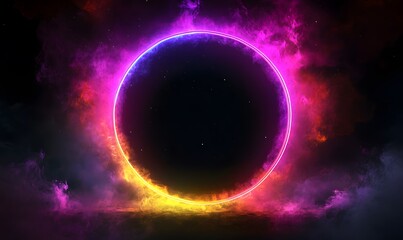 Obraz premium A portal of neon! A mesmerizing ring of glowing gas, its rainbow hues pulsating against a stark black backdrop, Generative Ai 