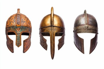 Three ornate, ancient helmets; metal, detailed.