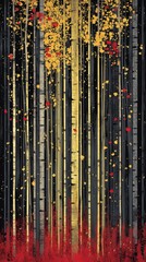 Obraz premium A stylized depiction of a forest with golden and red leaves against a dark background.