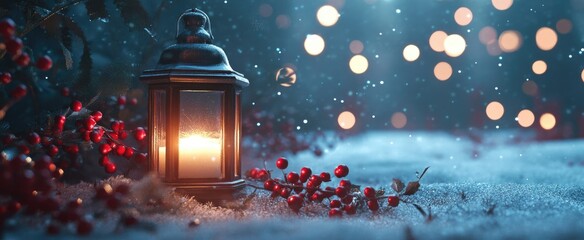 A lantern adorned with red berries rests on the snow-covered ground in a snowy night scene, casting a warm light from the candle inside, ideal for fantasy-themed holiday marketing, festive designs