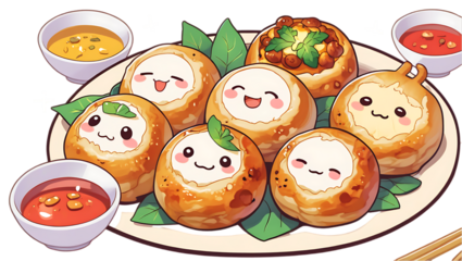 A kawaii illustration shows a plate of round food items with cute faces