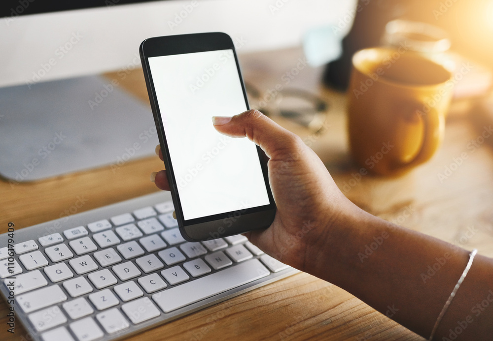 Aufkleber phone, hands and woman with blank screen, computer and work from home with freelancer. social media,