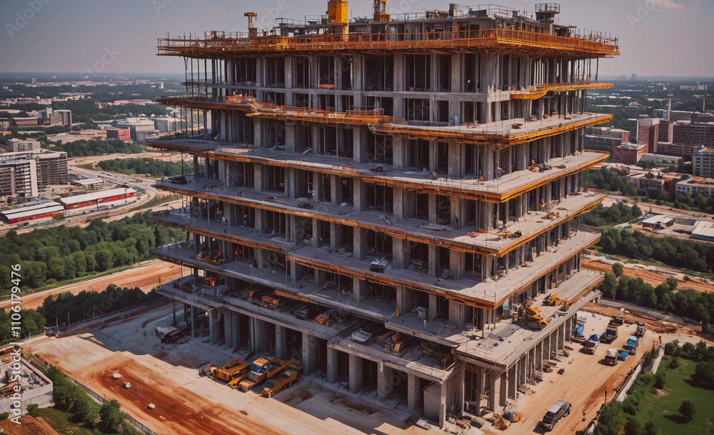 Poster Large building under construction with a crane in the background. The crane is on the right side of the building