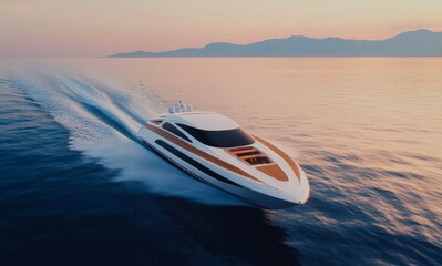 Luxury speedboat gliding across calm waters during sunset by a scenic coastline