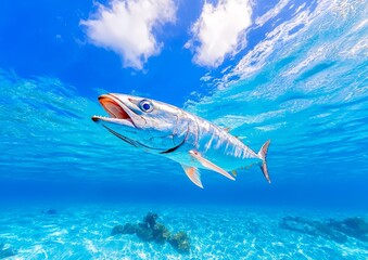 Naklejka premium Graceful Majestic Long Tail Tuna gliding effortlessly through the clear ocean under the bright sun.