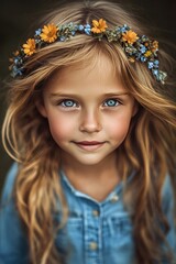 Fototapeta premium A beautiful little girl with a wreath of flowers on her head.