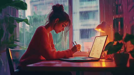 Lofi Girl studying at her desk. Rain ourside, beautiful chill, atmospheric wallpaper. 4K background. lo-fi, hip-hop style. Anime manga style.