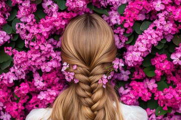 Naklejka premium Woman with Braided Hair Surrounded by Vibrant Pink Flowers in Nature's Embrace