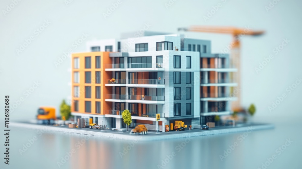 Poster A modern real estate development featuring stylish architecture. A crane is visible, indicating ongoing construction. The scene captures the essence of urban growth and development.