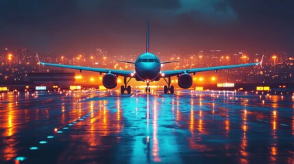 Airplane approaching runway with speed and movement in night sky environment