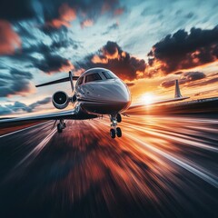Airplane speeding down runway at sunset motion blur dynamic sky view