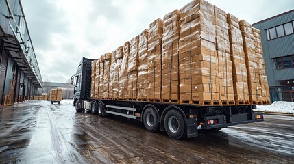 Large delivery truck loaded with packaged goods at a distribution center in winter