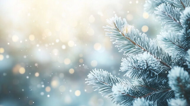 A serene close-up photograph of snow-touched pine needles, each needle catching frost and light.