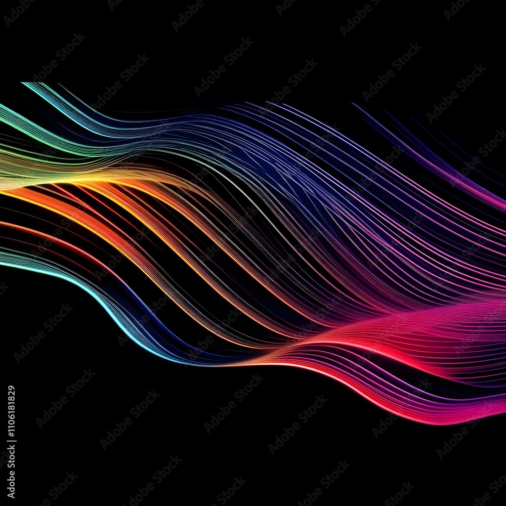 Poster colored wave radial lines on black background with lines copy space, colorful abstract wave backgrou