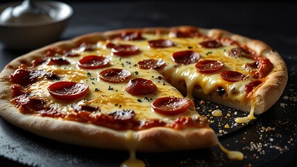 Sliced Pepperoni Pizza with Mushrooms, Olives and Mozzarella Cheese on a Black Table with Juice, Tomatoes and other Kitchen Utensils