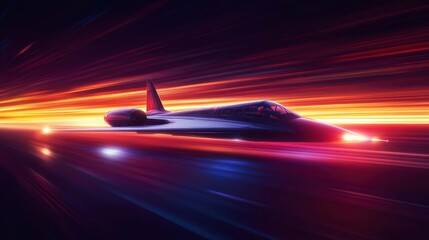 Dynamic movement of a jet plane on the runway against a vibrant sky background