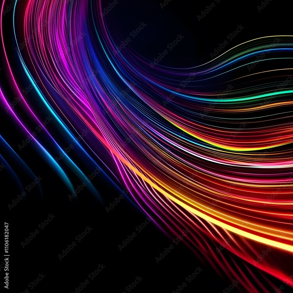 Poster colored wave radial lines on black background with lines copy space, colorful abstract wave backgrou