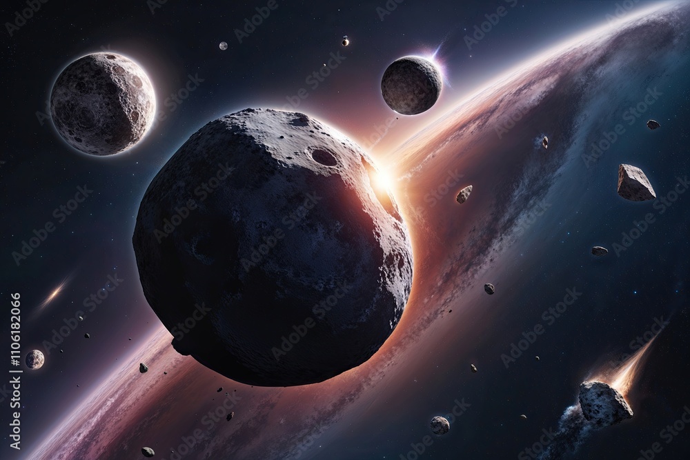 Poster cosmic pieces exploring asteroids comets and space shards
