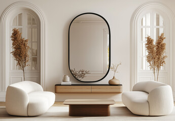 A modern Parisian Haussmann-style interior with soft, bright white walls, a large, wide black mirror in an elegant dark wood frame on the wall above a modern.