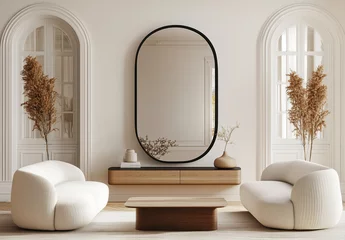 Fotobehang Scandinavisch A modern Parisian Haussmann-style interior with soft, bright white walls, a large, wide black mirror in an elegant dark wood frame on the wall above a modern.  © Creative Sonda