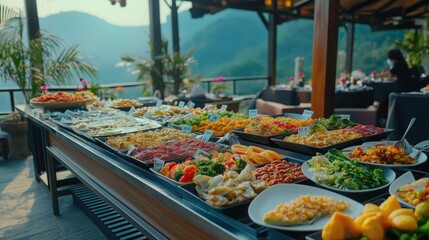 People group catering buffet food indoor in restaurant with meat colorful fruits and vegetables. world winning photo created by ai
