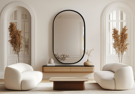 A modern Parisian Haussmann-style interior with soft, bright white walls, a large, wide black mirror in an elegant dark wood frame on the wall above a modern.