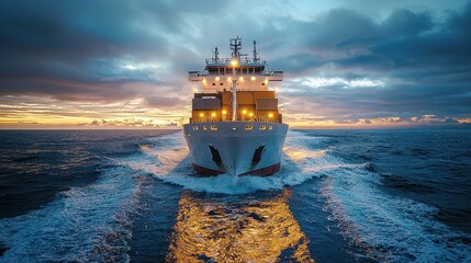 Large cargo ship navigating through calm waters during sunset with vibrant clouds overhead