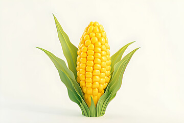 Obraz premium Vibrant Yellow Corn on Cob Surrounded by Fresh Green Leaves Against a Light Neutral Background, Perfect for Agricultural, Culinary or Food Related Themes