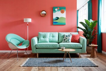 Cheerful Mint Sofa and Unique Chair in Joyful Scandinavian Living Room with Coral Walls