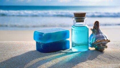 Ocean-inspired bath products on a sandy beach.