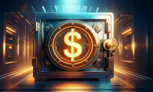 Currency sign on the door of a safe for storing valuables. Luminous dollar symbol on a safe for money. Safety and protection of savings, technology for storing treasures.