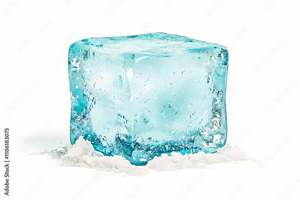 Aufkleber ice cube with a crystalline texture on a snowy surface, reflecting light with a vibrant blue color, 