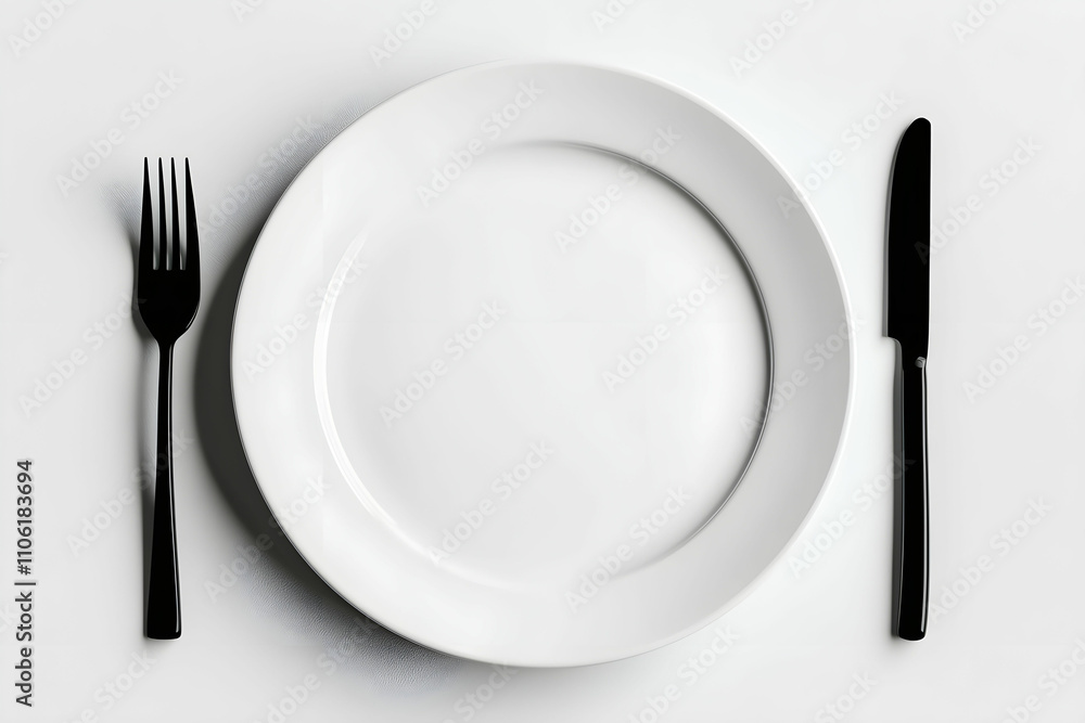 Poster elegant minimalist table setting with empty white plate, fork, and knife on a clean background for d