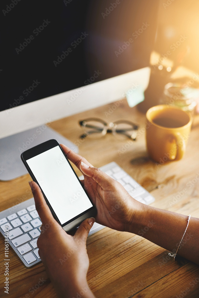 Poster Phone, hands and person with blank screen, computer and work from home with freelancer. Social media, app and notification at desk with online, texting and technology with internet search and mockup
