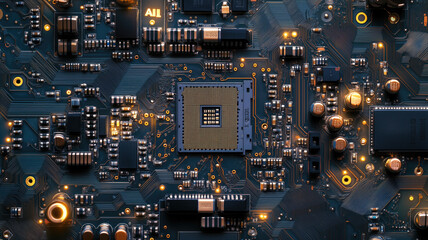 Fototapeta premium motherboard with ai written on it. Concept AI (Artificial Intelligence) technology, chip IC on PCB, PCB circuit board, microprocessor.