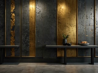 Gray metal and gold wall panels for modern interior design.